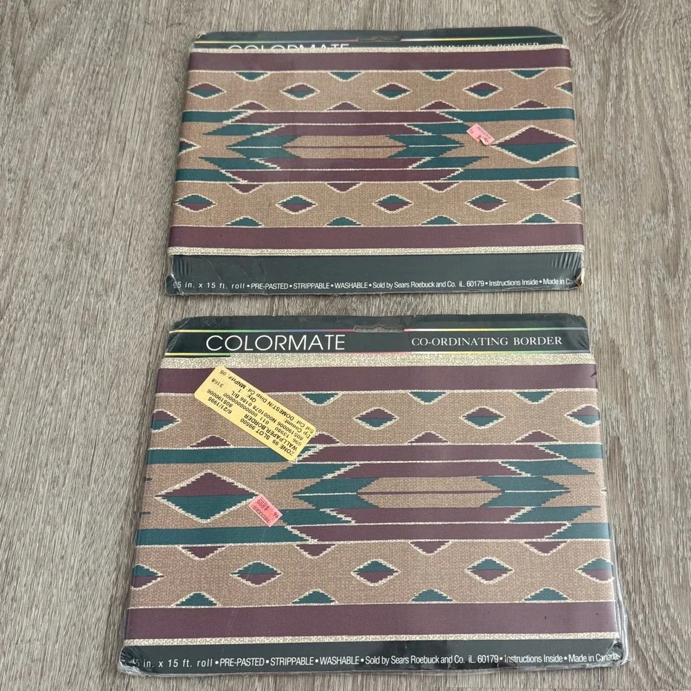 Vintage Colormate Southwestern Wallpaper Border 2 Rolls Teal Burgundy 30ft Total